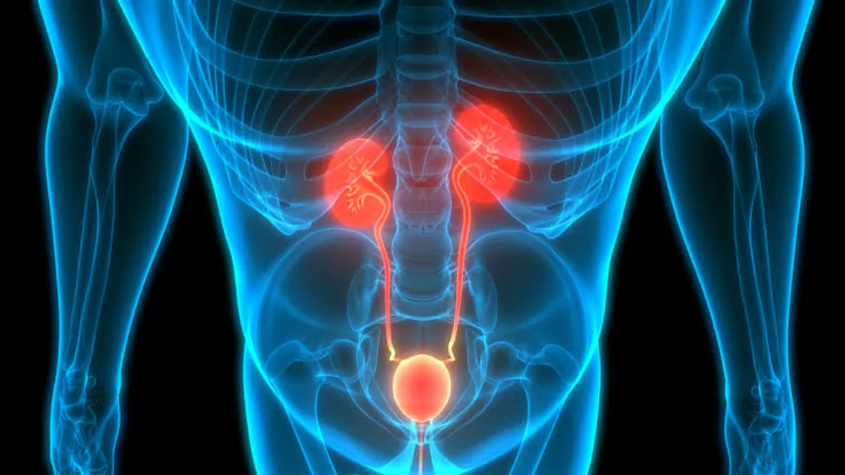 Three-dimensional medical render of the bladder and prostate, highlighted in red against a blue body outline