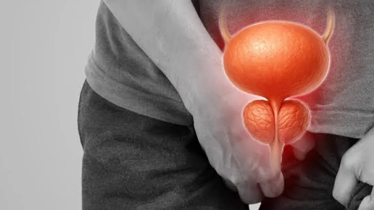 A man with both hands held low over his abdomen, the bladder area marked in red